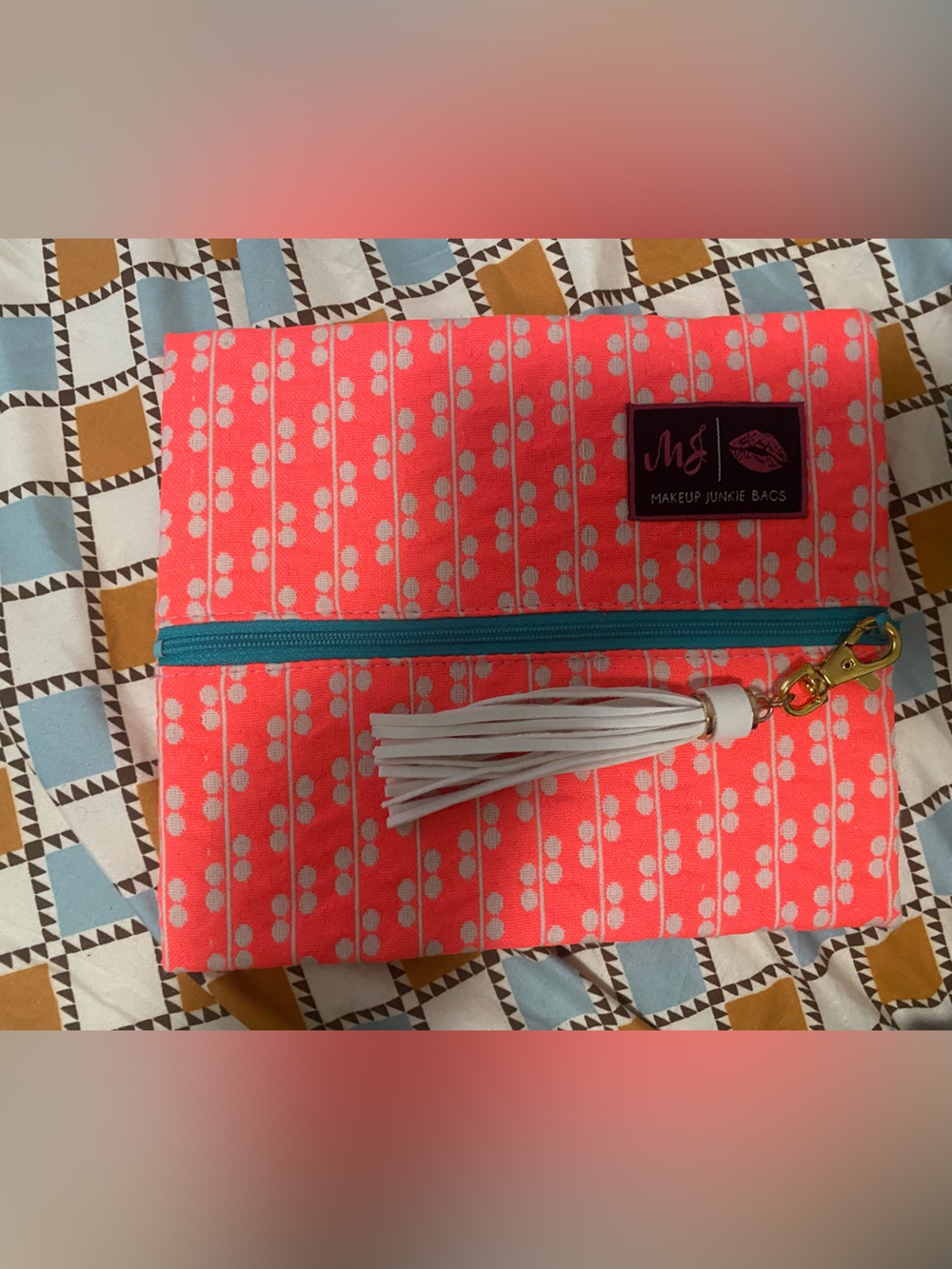 Makeup Junkie Bags Coral Dot Cosmetic Pouch with Tassel